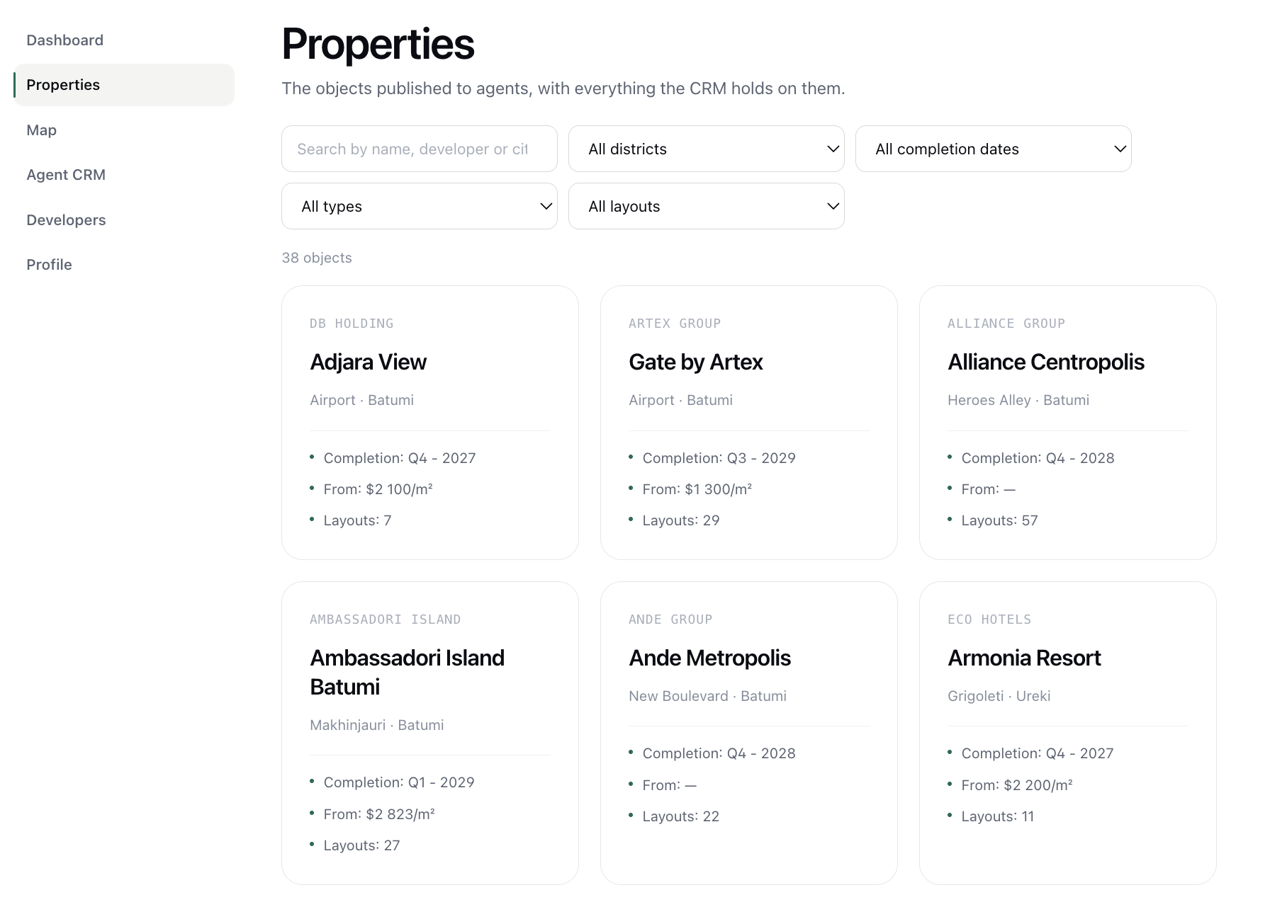 The project list in AREO, with filters and new development cards