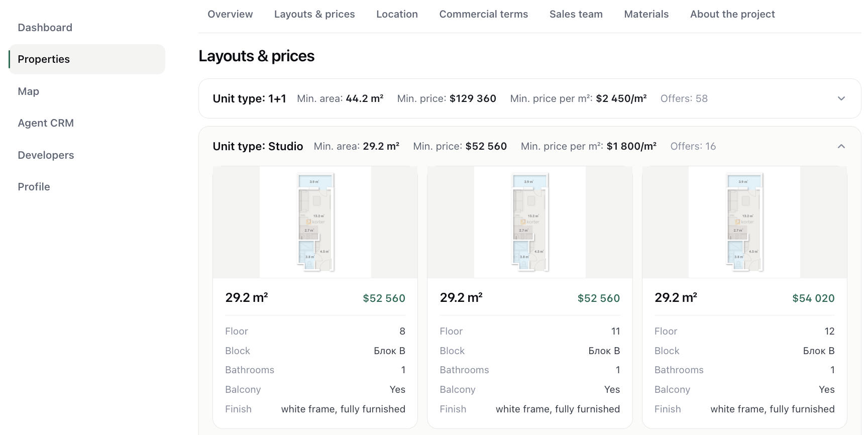 The layouts and prices view in AREO: area, floors, building and price per m²