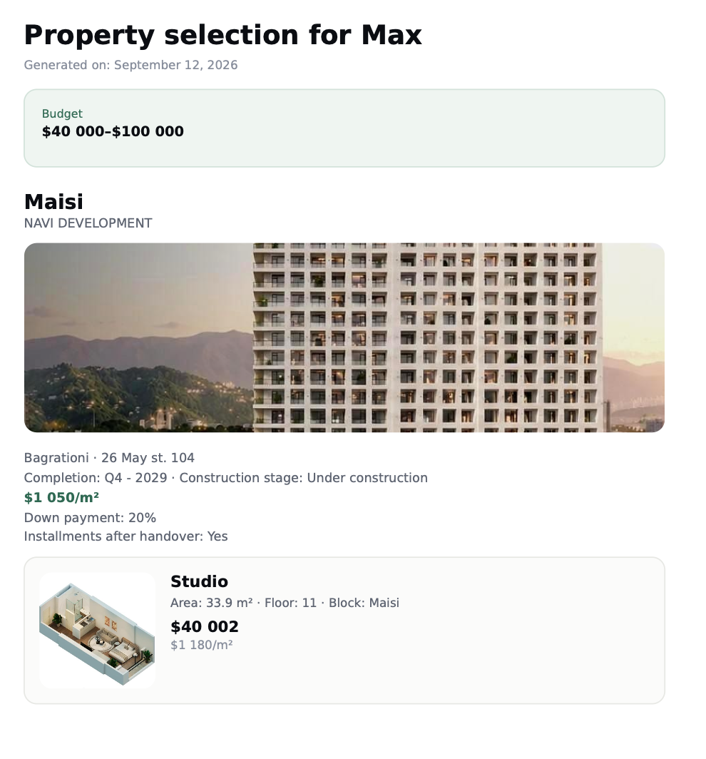A finished PDF shortlist of apartments generated in AREO